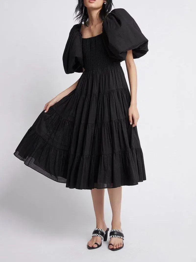 Aje Cherished Casa Puff Sleeve Midi Dress Black Tiered Size AU 8 - Image 1