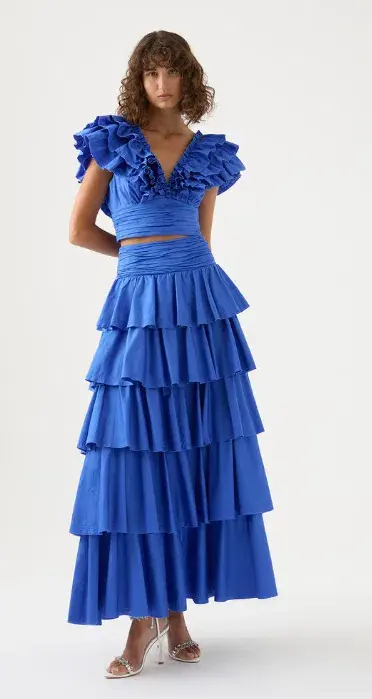 Aje Eleni Tiered Maxi And Rhythmic Frill Bodice Set Blue Size AU 12  for rent on The Volte - main image