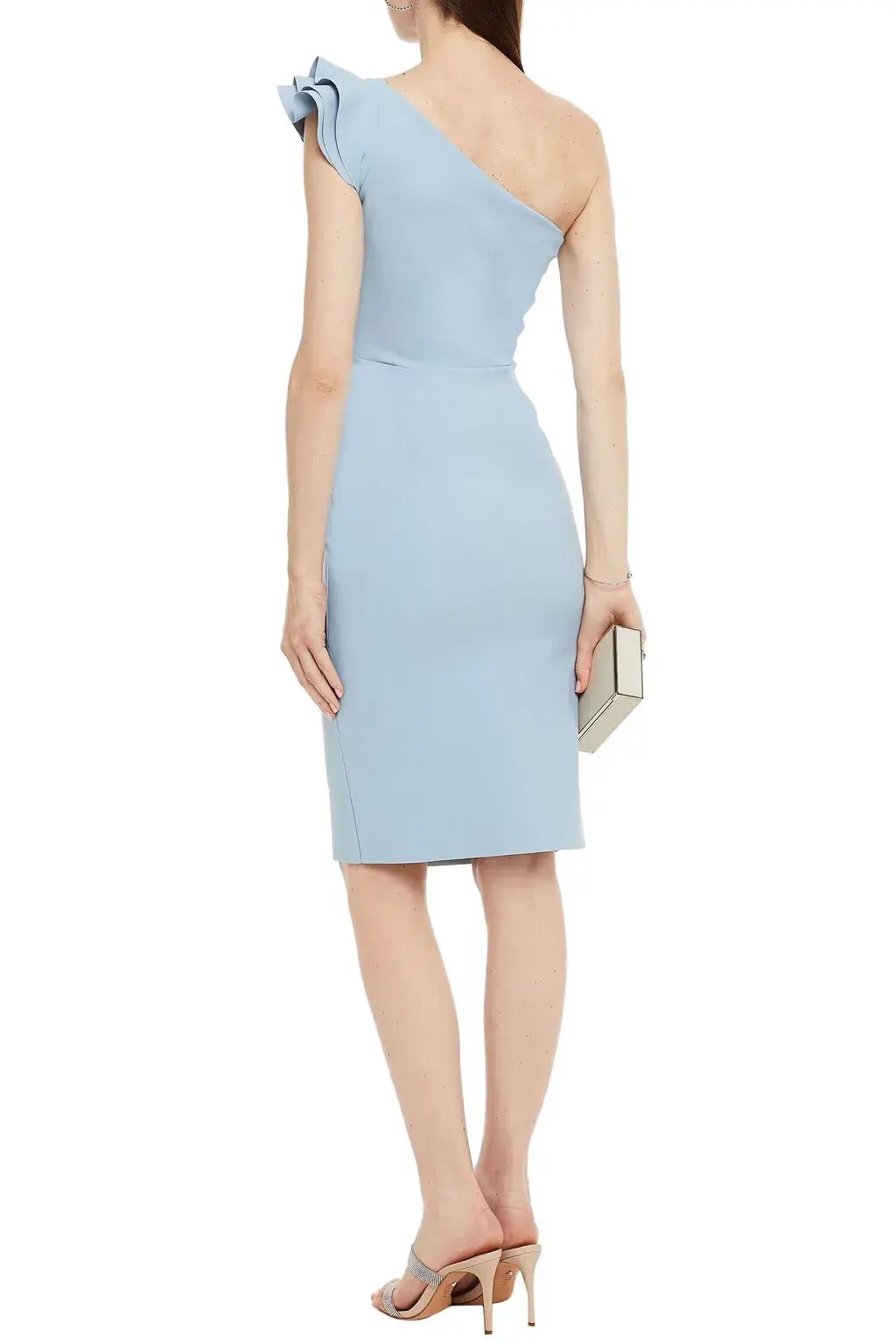 Chiara Boni La Petite Robe Civia One-shoulder Wrap-effect Ruffled Scuba Dress Light Blue Size AU 10 for rent on The Volte - main image
