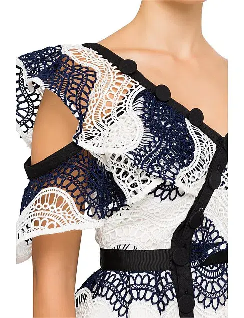 Self Portrait Wave Lace Frill Minidress Dress White/Navy Size10 for rent on The Volte - main image