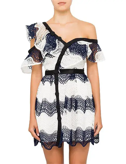Self Portrait Wave Lace Frill Minidress Dress White/Navy Size10 - Image 1