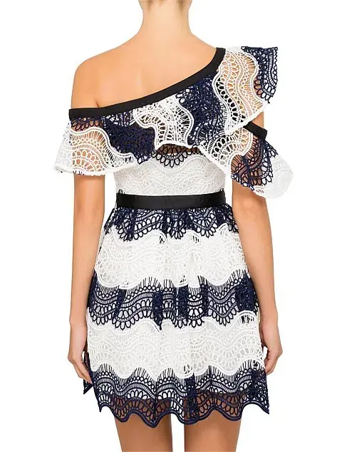 Self Portrait Wave Lace Frill Minidress Dress White/Navy Size10 for rent on The Volte - main image