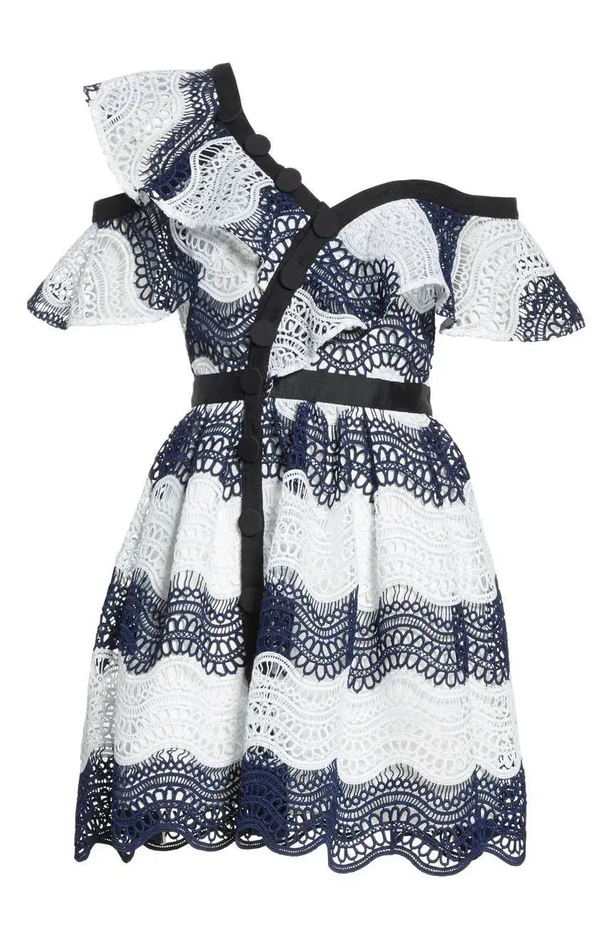 Self Portrait Wave Lace Frill Minidress Dress White/Navy Size10 - Image 4