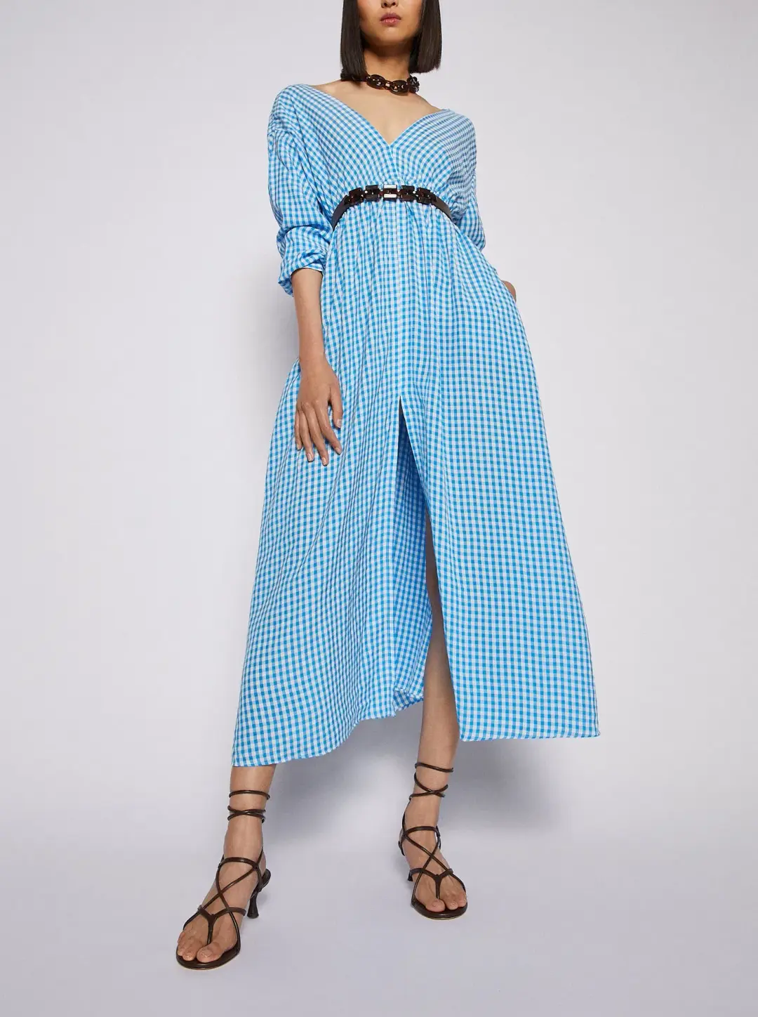 Scanlan Theodore Gingham V Neck Dress Aqua Blue Size AU 6  for rent on The Volte - main image