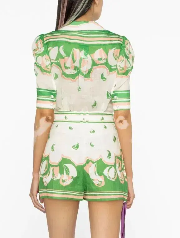 Zimmermann High Tide Sailboats Shirt Size 0 and Shorts Size 1 Set in Green Sailboats - Image 3