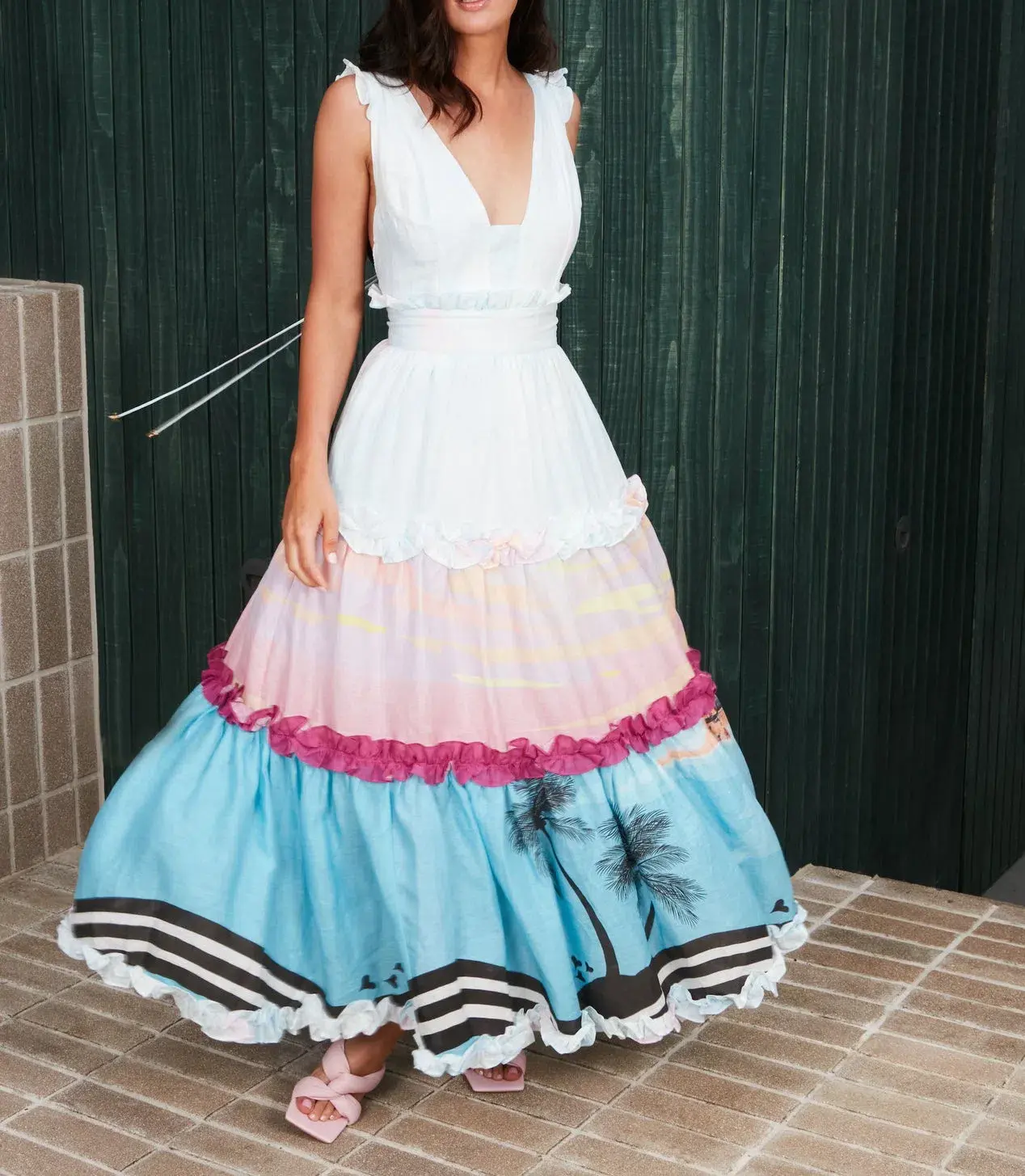 Mackenzie Mode Linen Ruffle Dress Multi Size 10  - Image 1