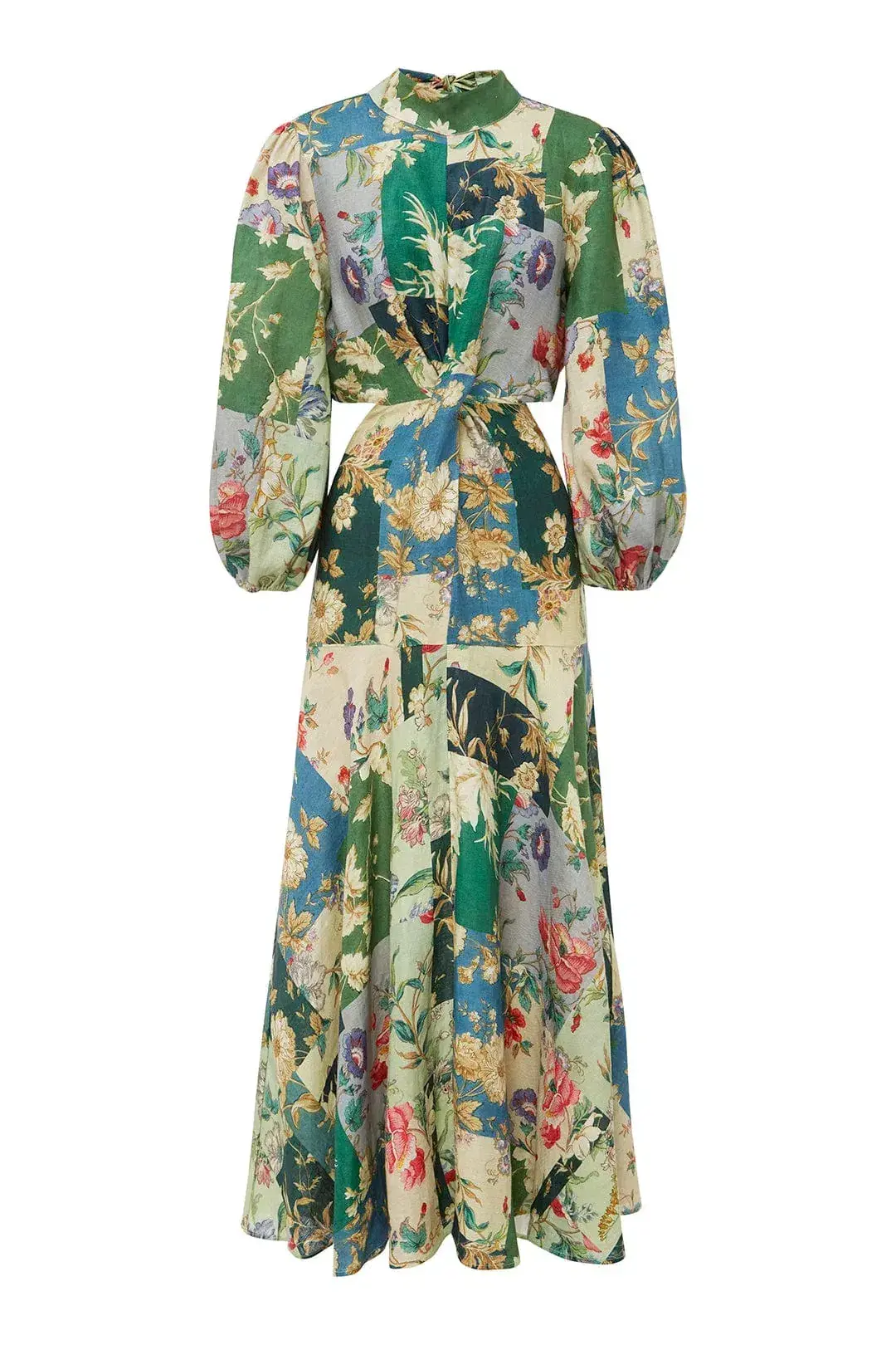 Alemais Loretta Long Sleeve Cutout Linen Patchwork Midi Dress Multi Size 10 for rent on The Volte - main image