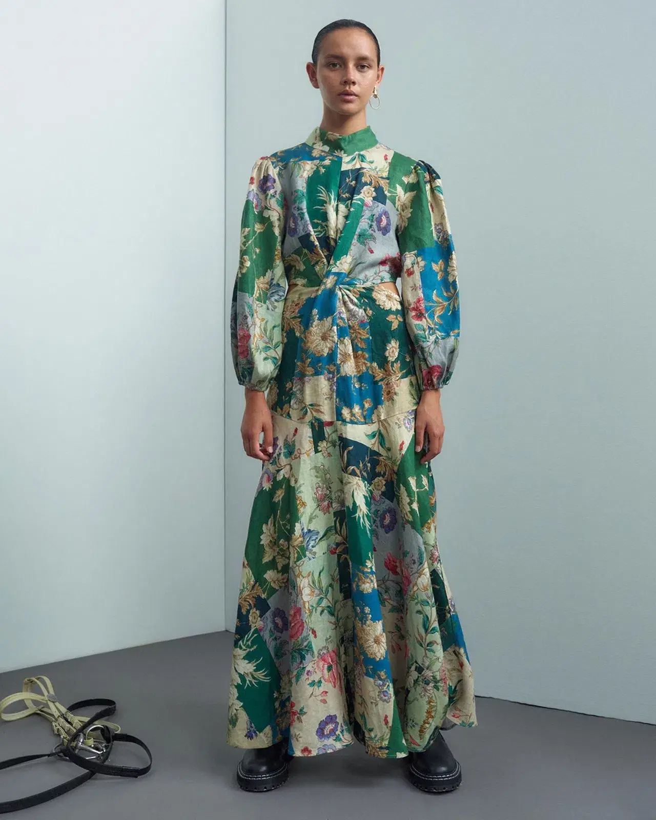 Alemais Loretta Long Sleeve Cutout Linen Patchwork Midi Dress Multi Size 10 - Image 5