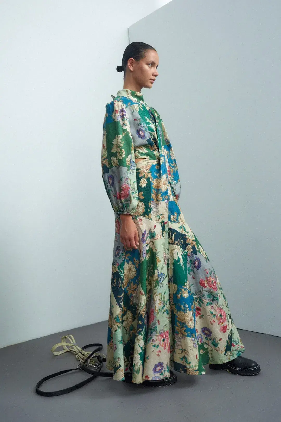 Alemais Loretta Long Sleeve Cutout Linen Patchwork Midi Dress Multi Size 10 for rent on The Volte - main image