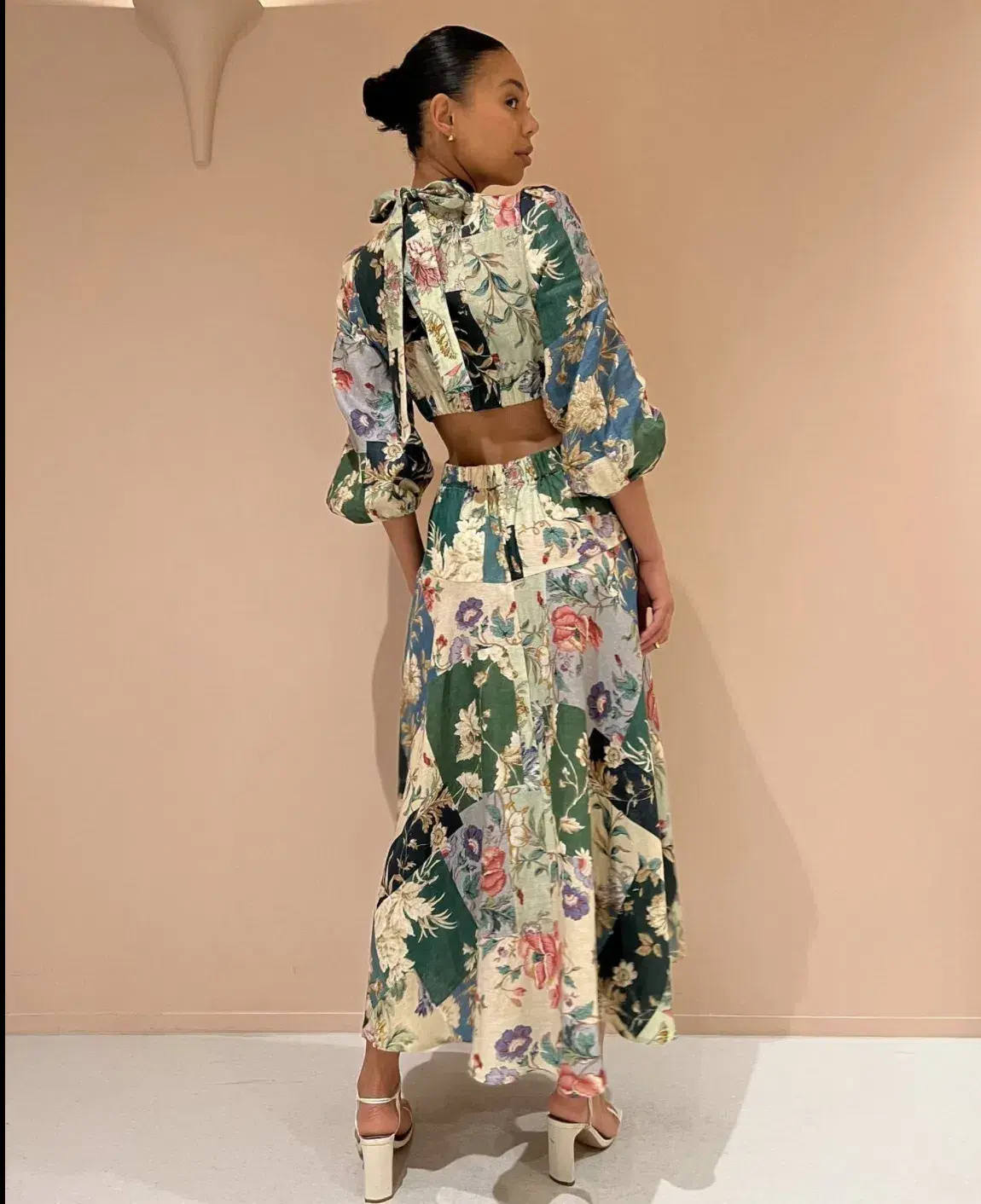 Alemais Loretta Long Sleeve Cutout Linen Patchwork Midi Dress Multi Size 10 - Image 2