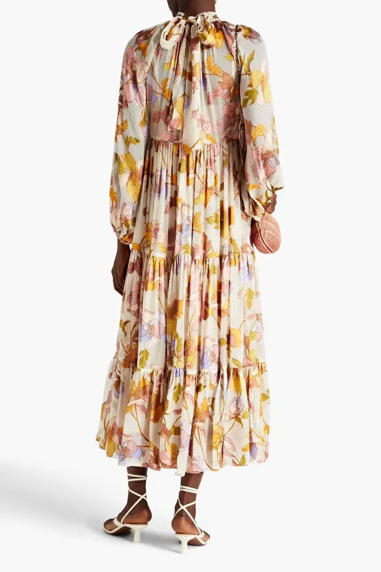 Zimmermann Tempo Gathered Floral Print Fil Coupé Chiffon Midi Dress Size 0/Au 8  - Image 2