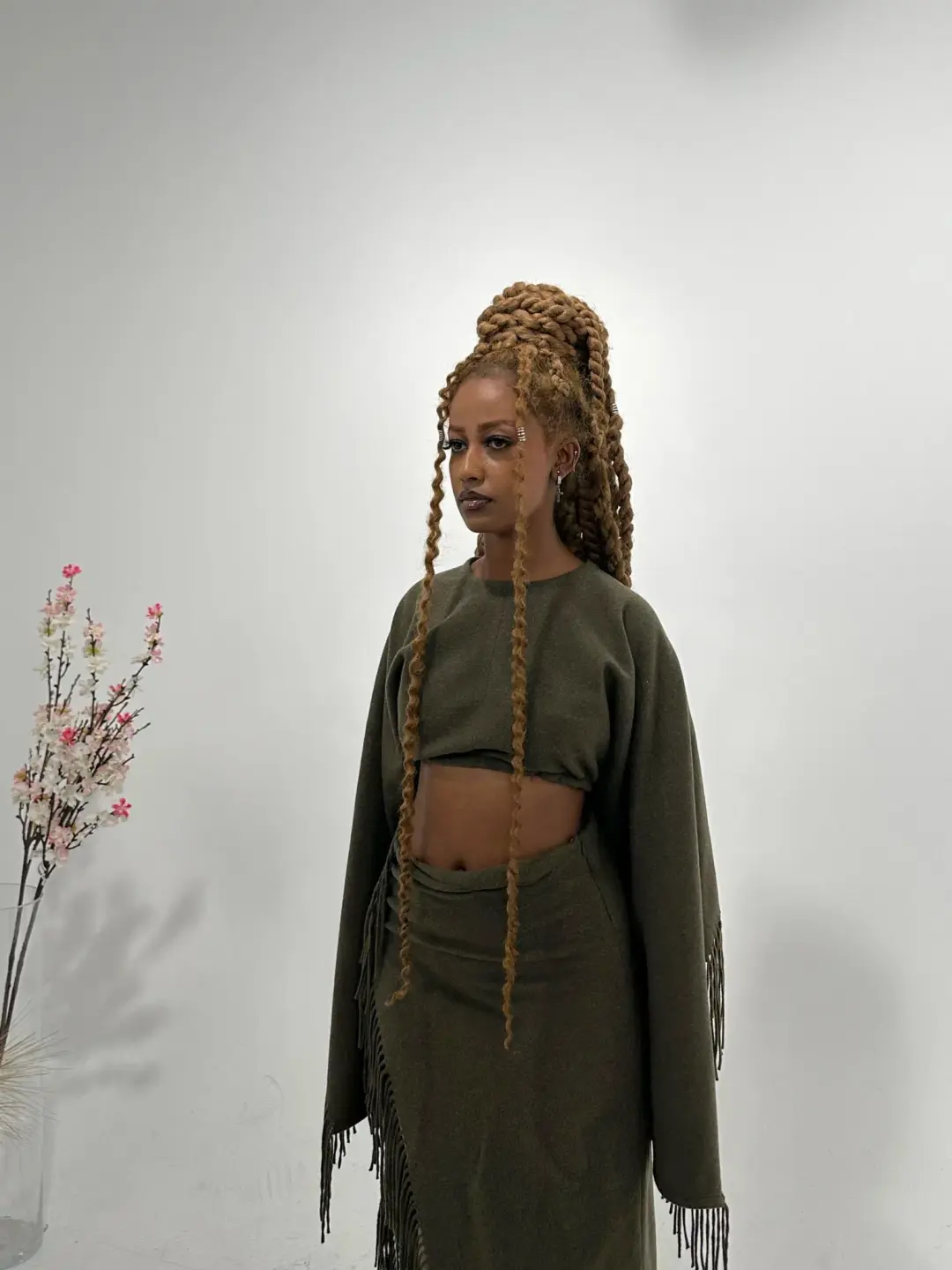 Christopher Esber Tassel Sleeve Scarf Crop Top and Sarong Skirt Set Green Size 8 for rent on The Volte - main image