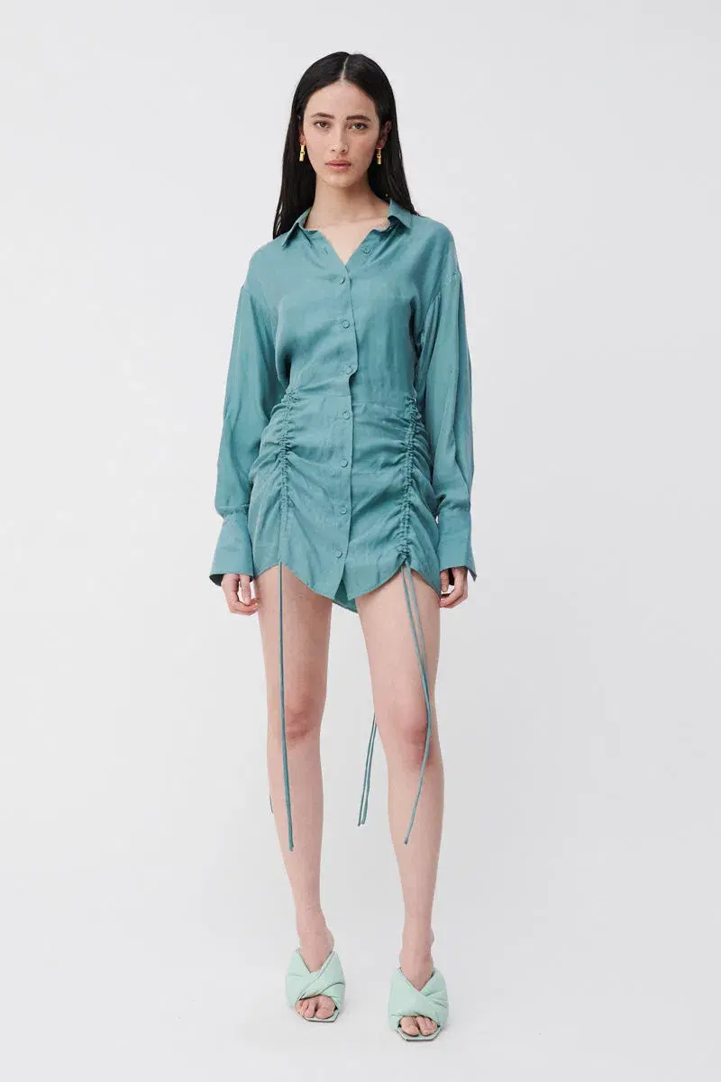 Suboo Seafoam Andy Ruched Mini Shirt Dress Blue  Size M / AU 10 - Image 1