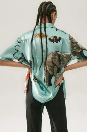 Silk Laundry Short Sleeve Boyfriend Shirt Endangered Species Mist Blue Size AU 6 - Image 3