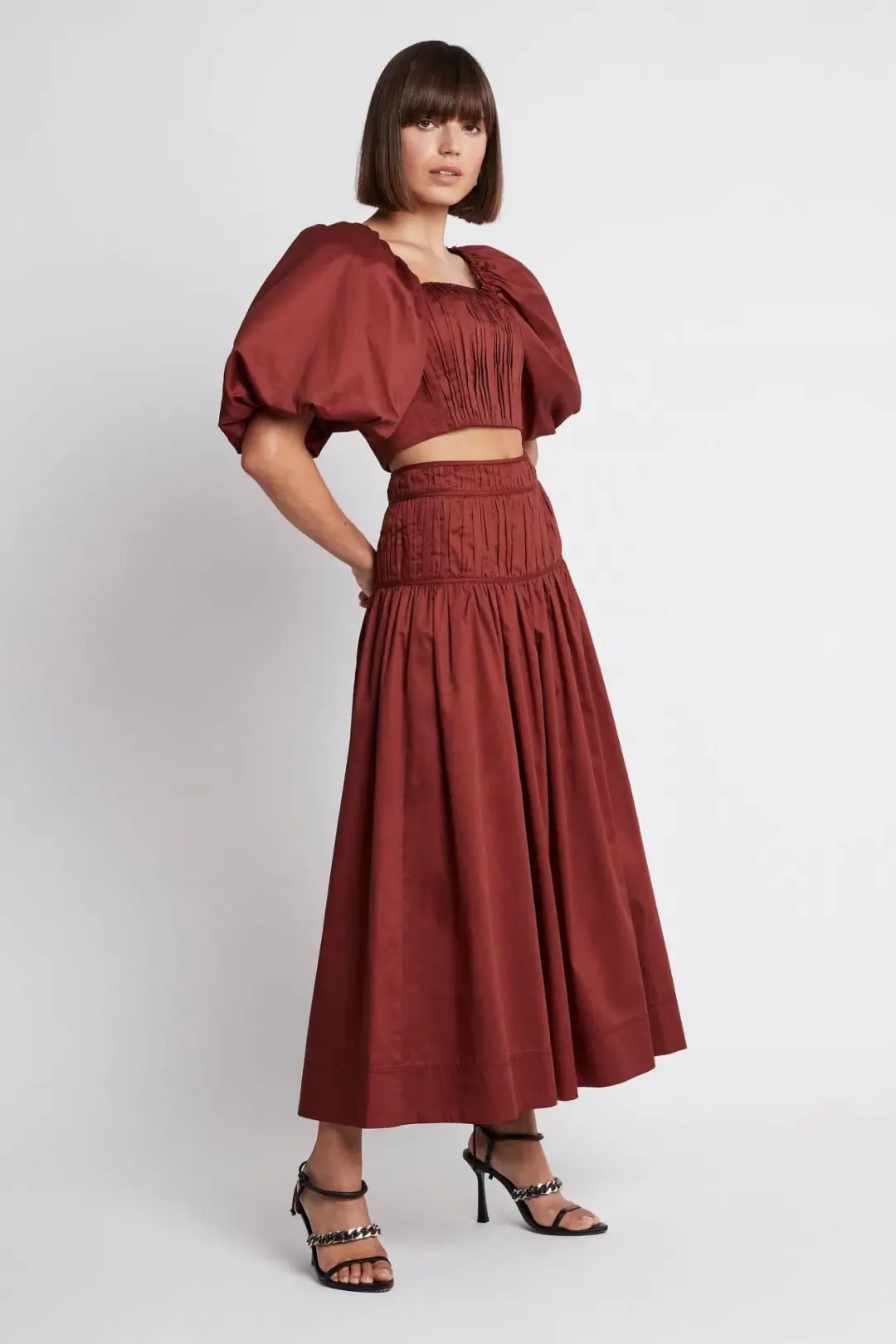 Aje Enamour Midi Skirt & Puffed Sleeve Cropped Top Set Burgundy Size 4 for rent on The Volte - main image