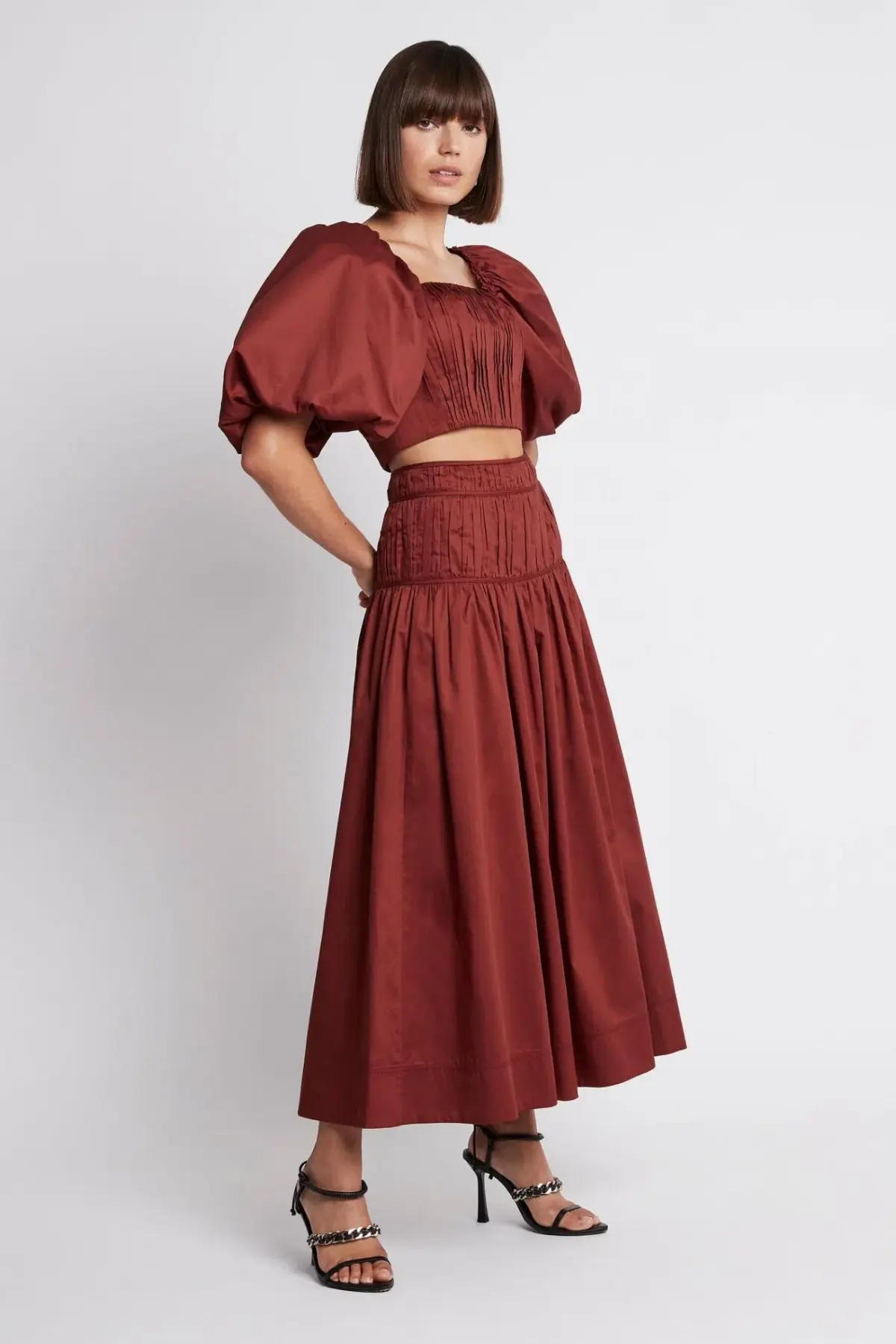 Aje Enamour Midi Skirt & Puffed Sleeve Cropped Top Set Burgundy Size 4 - Image 1