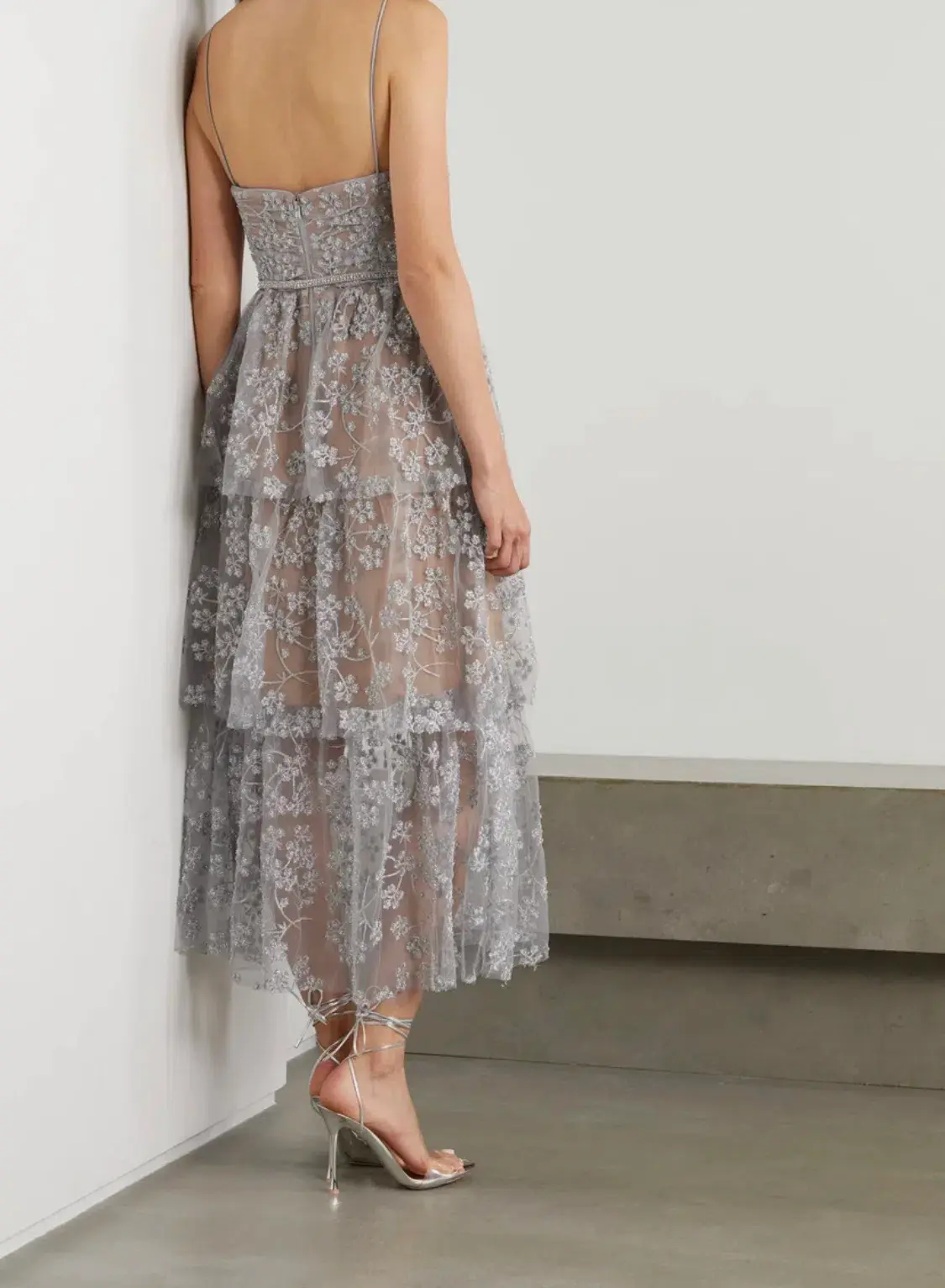 Self-Portrait Tiered Metallic Tulle Midi Dress Silver Size 12 - Image 2