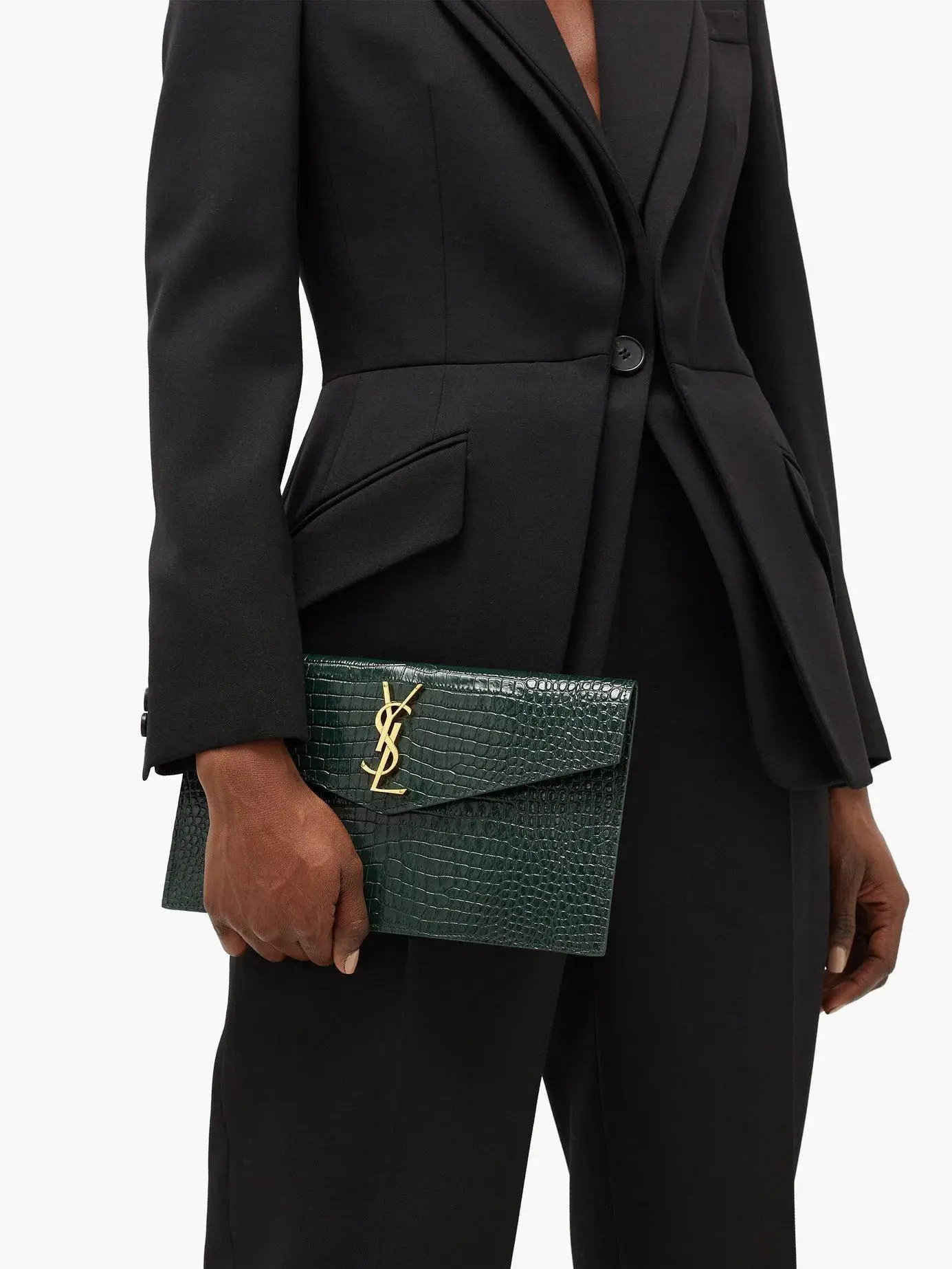 Saint Laurent Uptown Clutch Green Croc Embossed Leather - Image 1