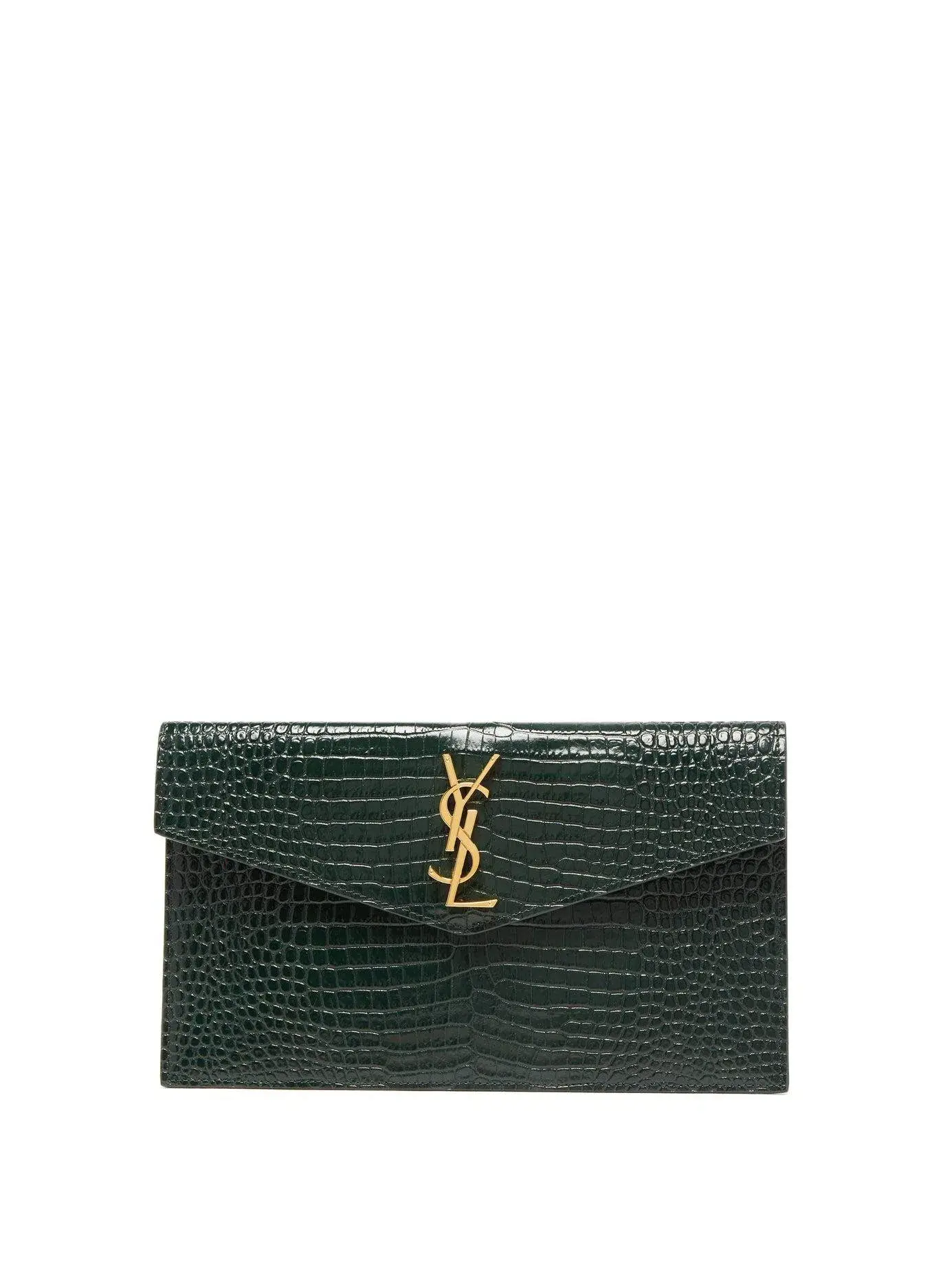 Saint Laurent Uptown Clutch Green Croc Embossed Leather - Image 2
