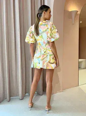 By Nicola Sol Puff Mini Dress in Swirl Check Multi-Colored Size AU 8 - Image 2