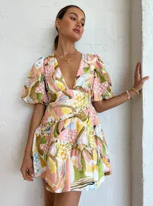 By Nicola Sol Puff Mini Dress in Swirl Check Multi-Colored Size AU 8 - Image 3