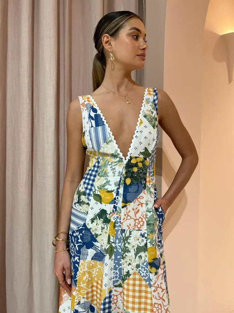By Nicola Wavy Maxi Dress in Lemon Patchwork Multi-Colored Size AU 10 - Image 6
