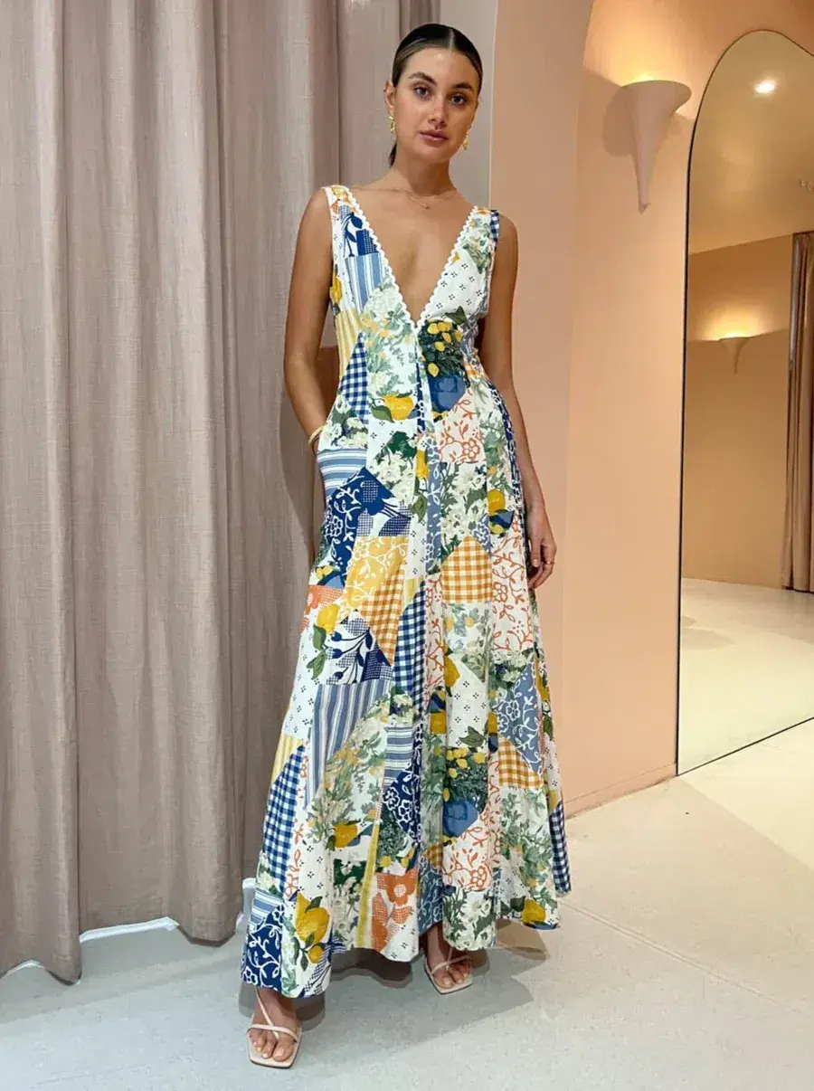 By Nicola Wavy Maxi Dress in Lemon Patchwork Multi-Colored Size AU 10 - Image 2