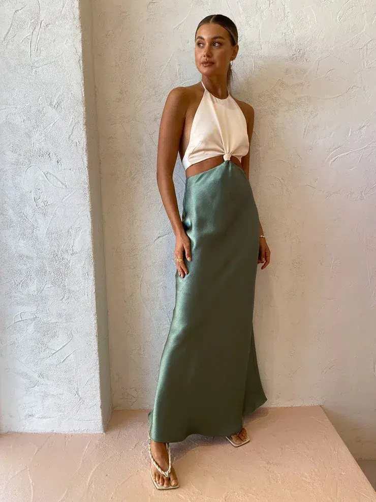 Bec & Bridge Carrie Halter Maxi Dress in Multi Green Size AU 6 - Image 1
