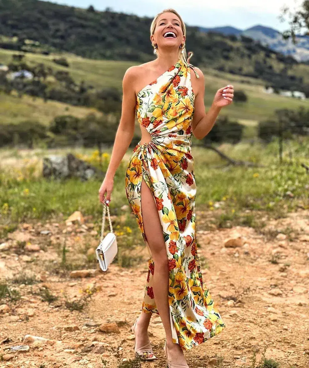 Sonya Moda Nour Yarden Floral Maxi Dress Cutout One Shoulder Yellow Size AU 8 - Image 7
