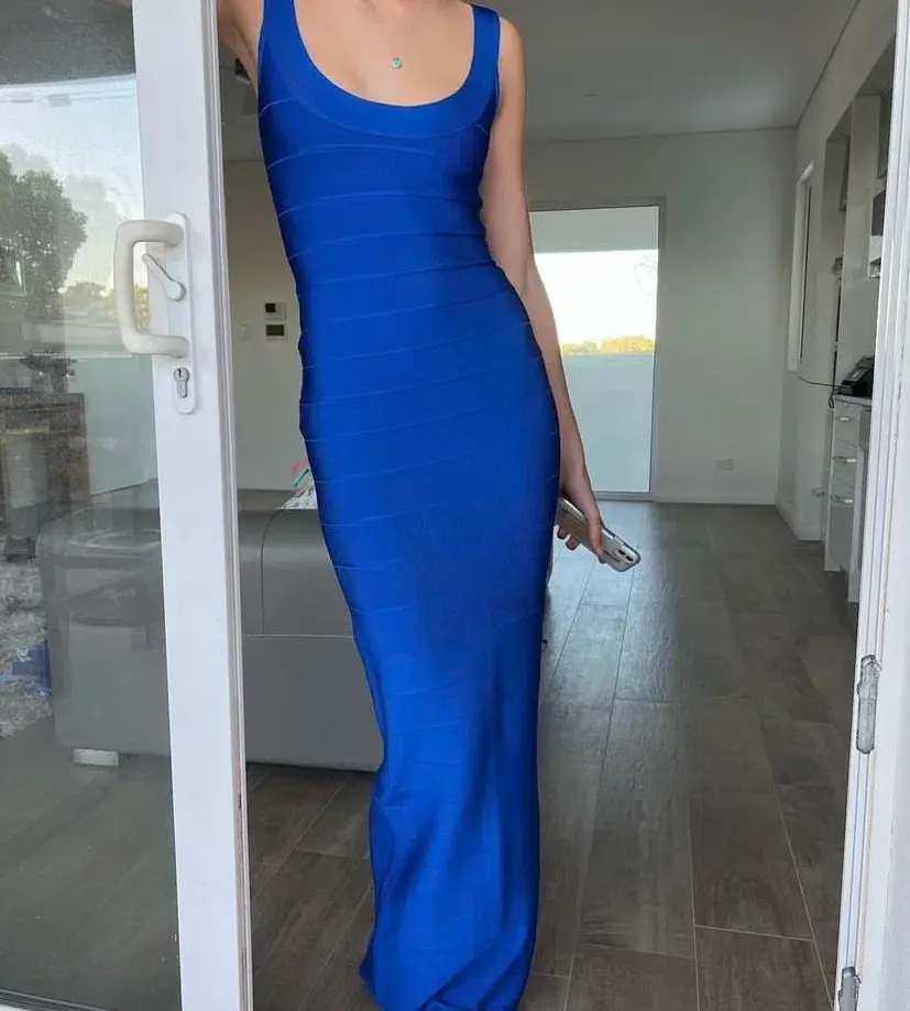 Herve Leger Cobalt Blue Round Neck Gown Blue Size Small - Image 2