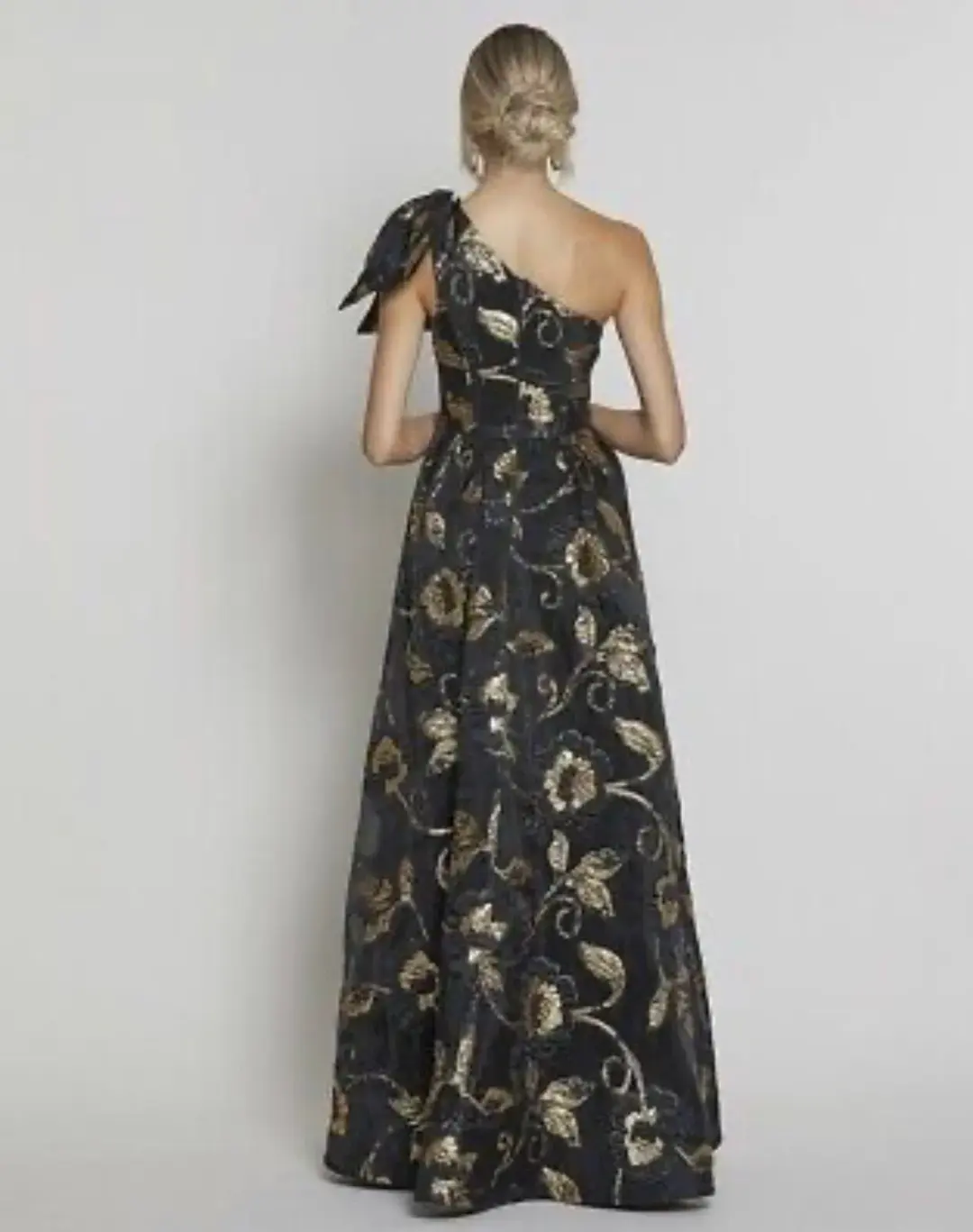 Bariano Olympia One Shoulder Gown Black/Gold Size 8 for rent on The Volte - main image