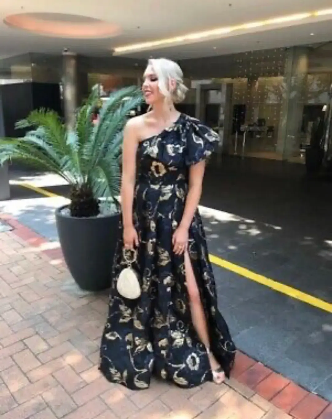 Bariano Olympia One Shoulder Gown Black/Gold Size 8 for rent on The Volte - main image