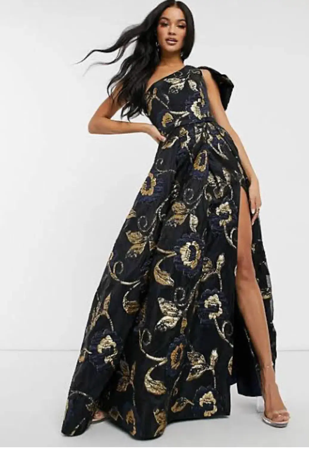 Bariano Olympia One Shoulder Gown Black/Gold Size 8 for rent on The Volte - main image