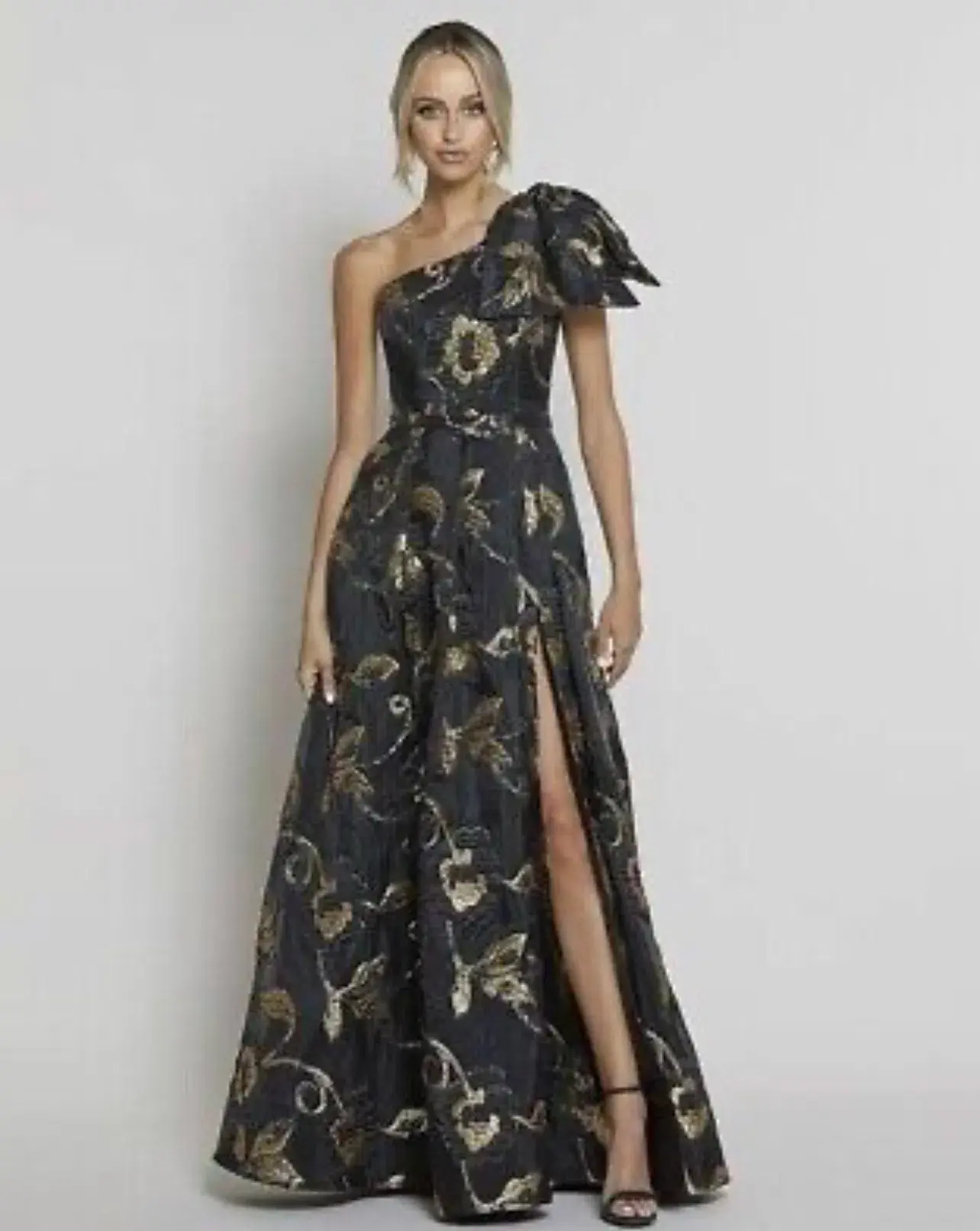 Bariano Olympia One Shoulder Gown Black/Gold Size 8 - Image 5