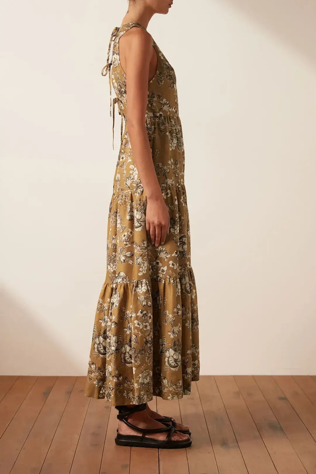 Shona Joy Cecilia Linen Tie Back Midi Dress Floral Size 8 for rent on The Volte - main image
