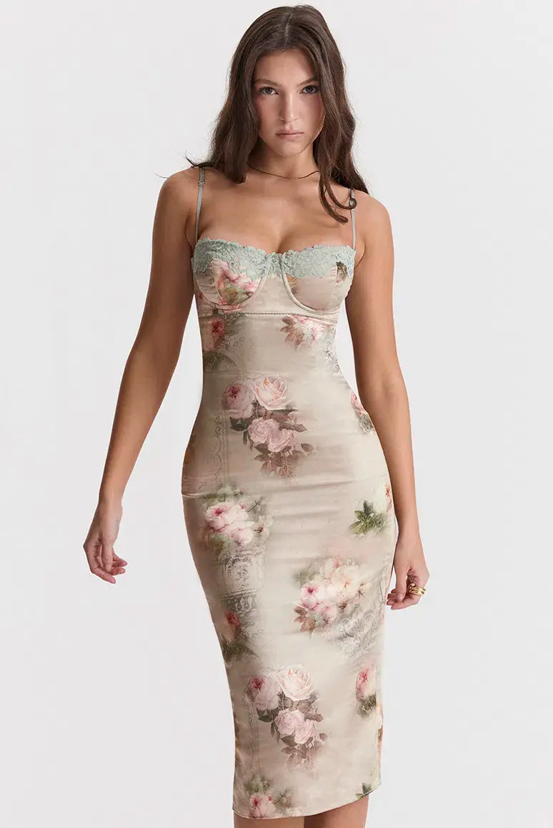 House Of CB Venus Vintage Floral Midi Dress Cream Size XS / AU 6 - Image 2