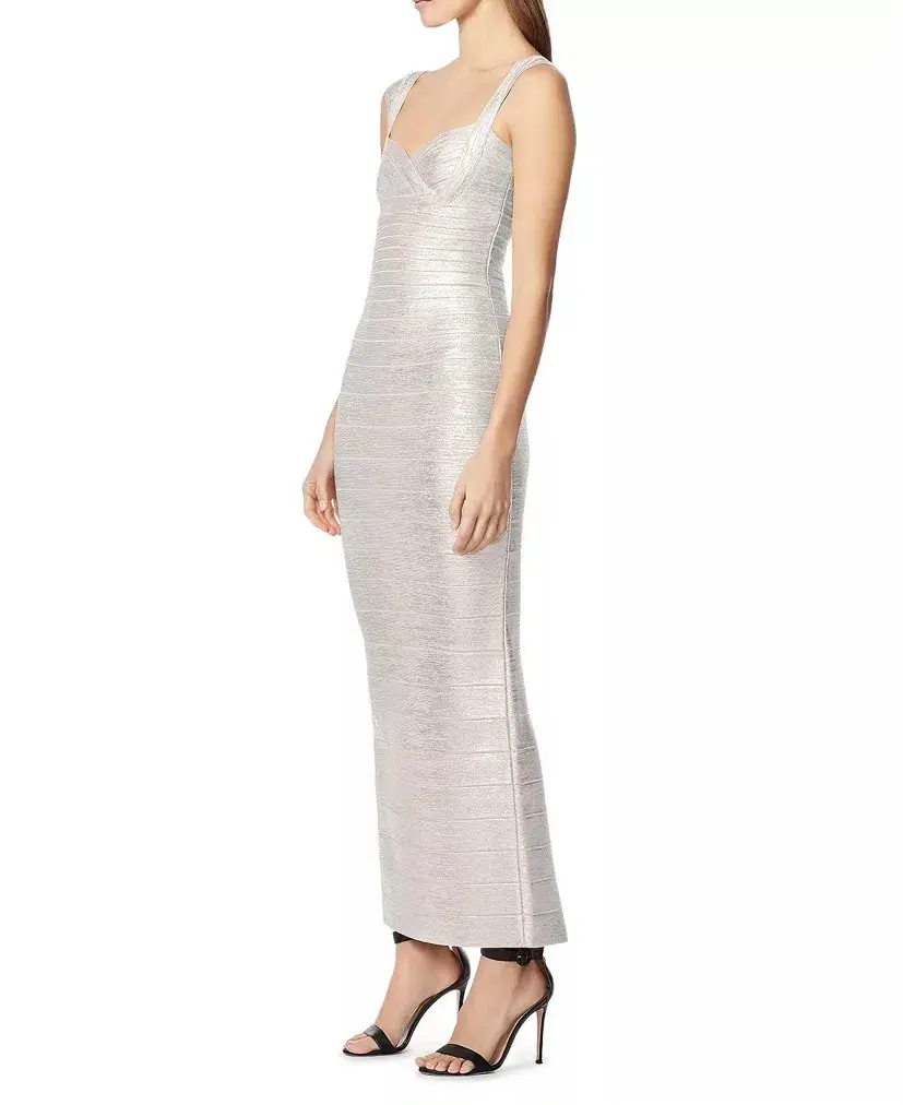 Herve Leger Sweetheart Banded Foil Gown Silver Size 8 - Image 2