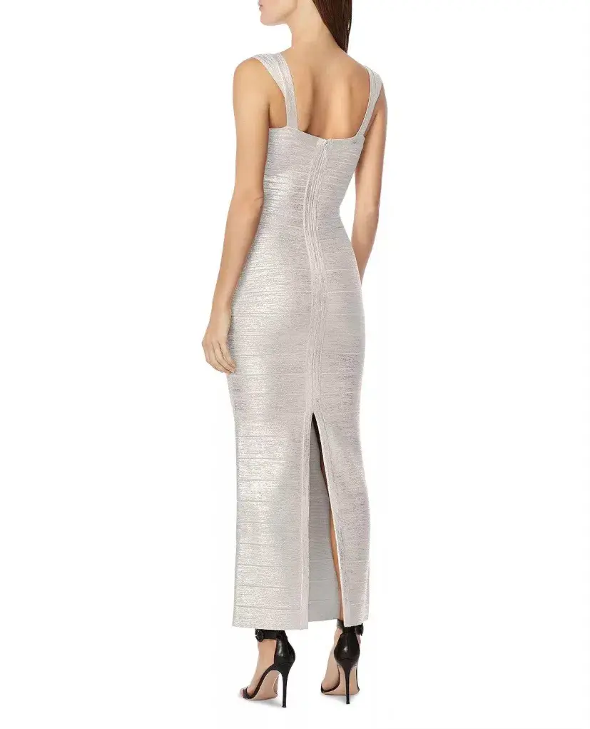 Herve Leger Sweetheart Banded Foil Gown Silver Size 8 for rent on The Volte - main image