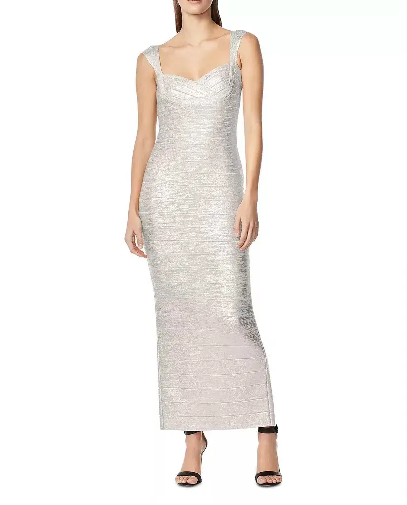 Herve Leger Sweetheart Banded Foil Gown Silver Size 8 - Image 1