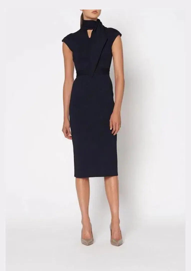 Scanlan Theodore Crepe Knit Cravat Dress Navy Size L / Au 12 - Image 1