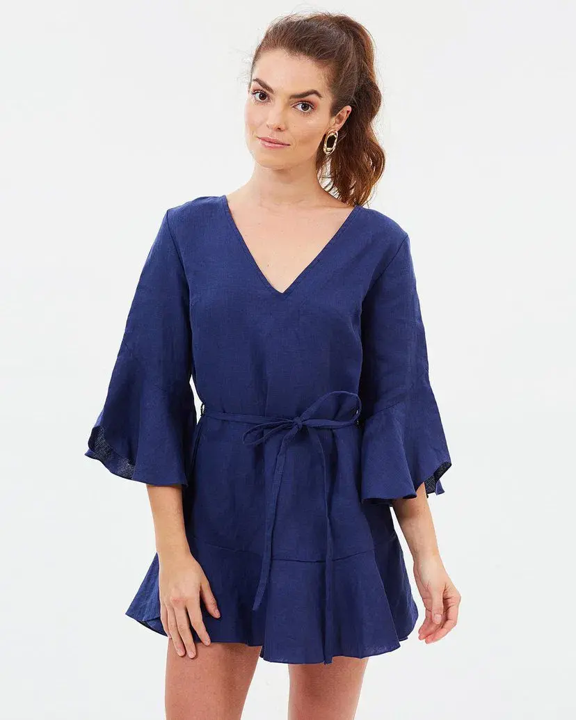 MLM Linen Tie Waist Dress Blue Size 8 - Image 1