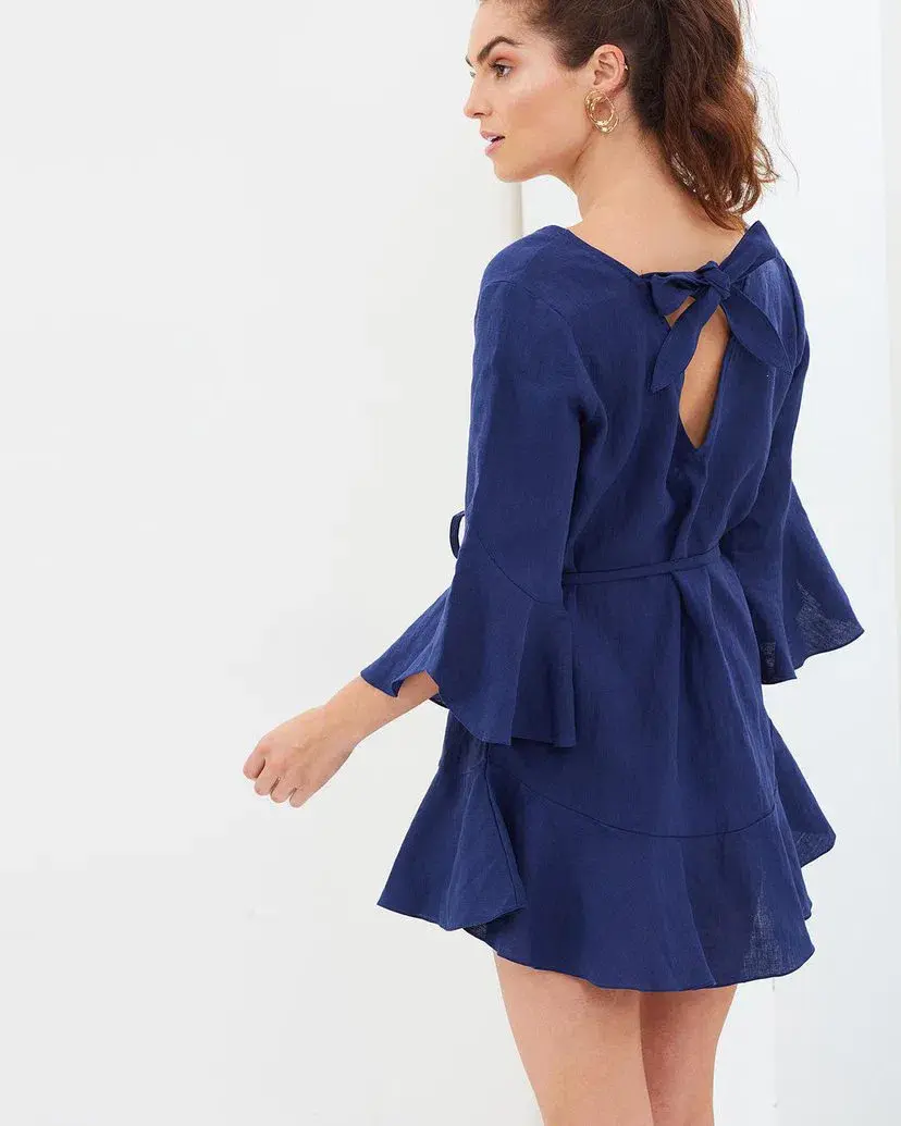 MLM Linen Tie Waist Dress Blue Size 8 - Image 3