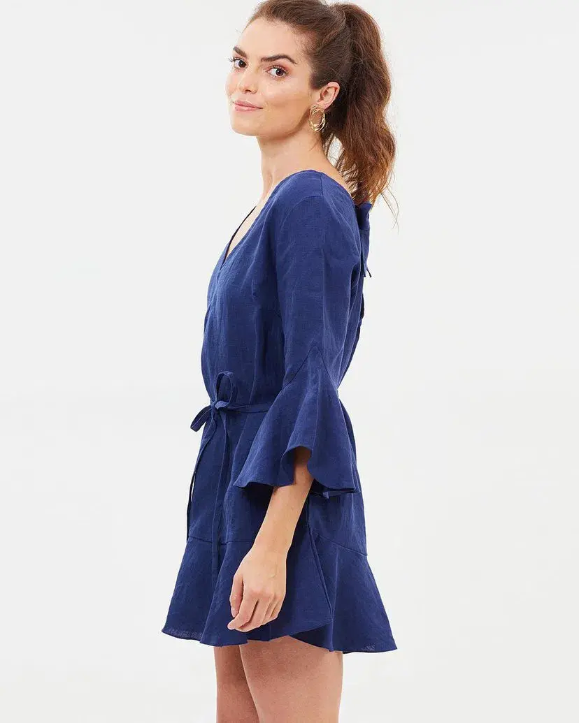 MLM Linen Tie Waist Dress Blue Size 8 - Image 2
