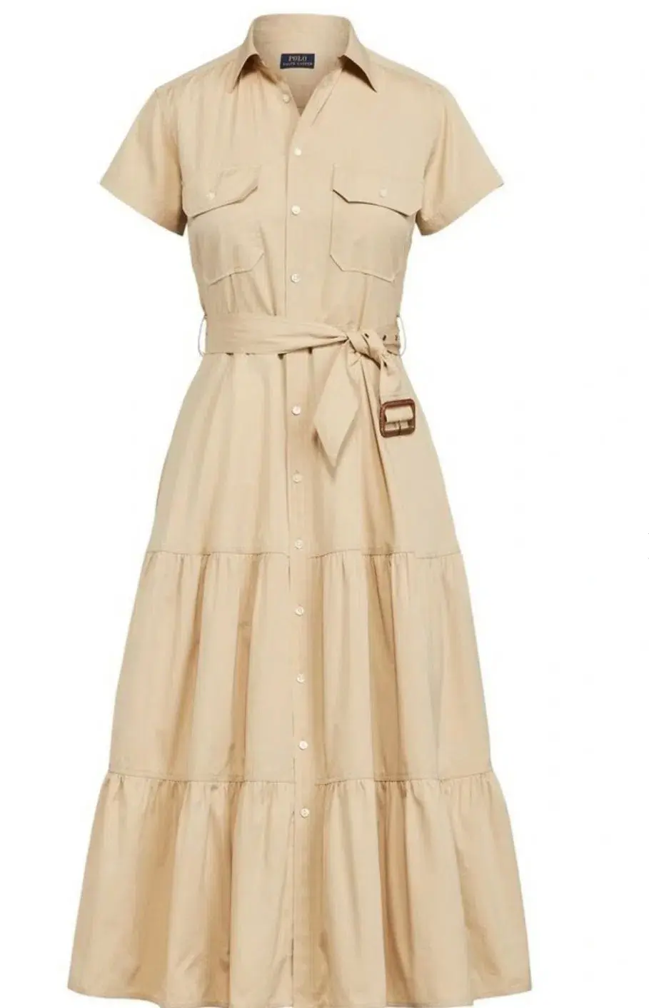 Ralph Lauren Belted Tiered Cotton Utility Midi Dress in Beige Size 6 - Image 3