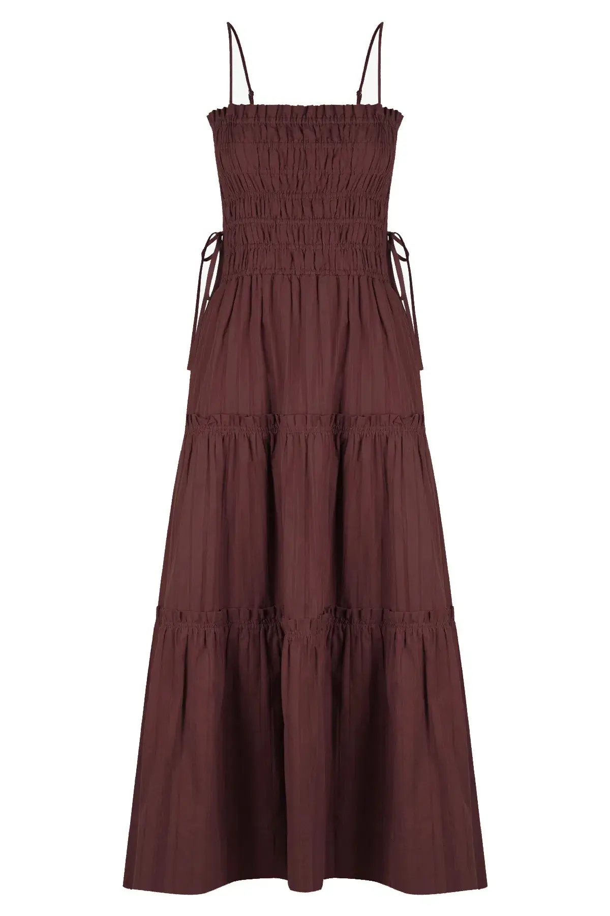 Shona Joy Kaia Shirred Tiered Midi Dress Chocolate Brown Size 14 - Image 3