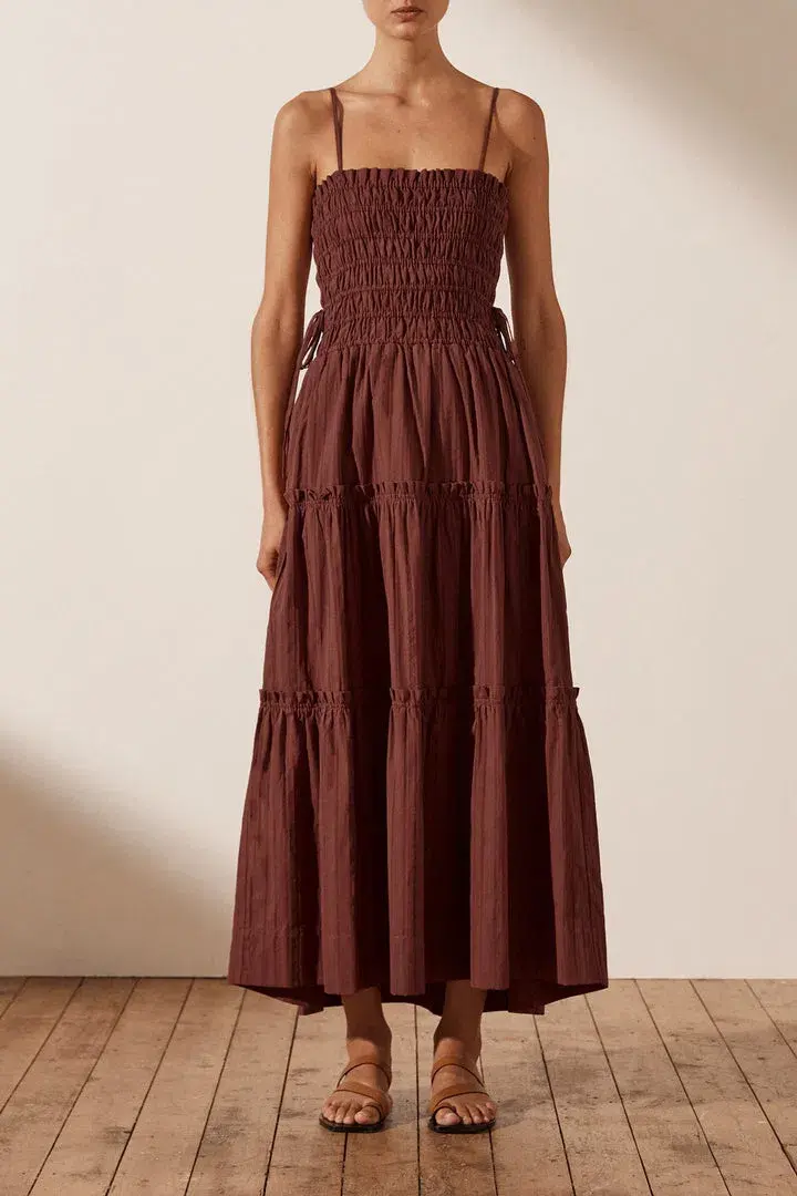 Shona Joy Kaia Shirred Tiered Midi Dress Chocolate Brown Size 14 - Image 1