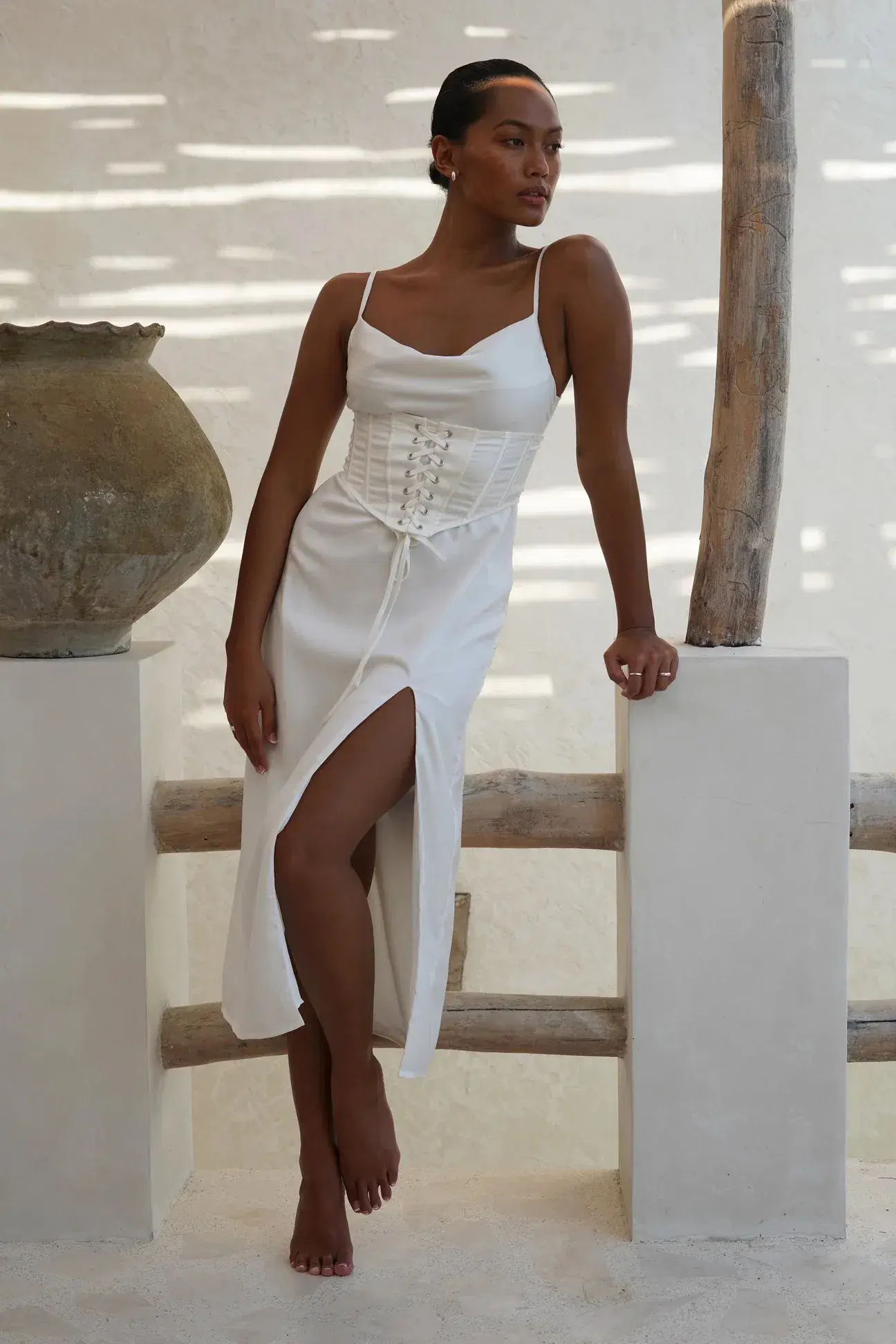 Meshki Lucy Cowl Midi Dress With Corset White Size S / Au 8 - Image 1