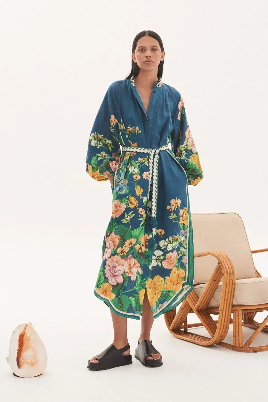 Alemais Lyla Midi Shirtdress Blue Linen Long Sleeve Button Down Floral Navy Size AU 10 - Image 1