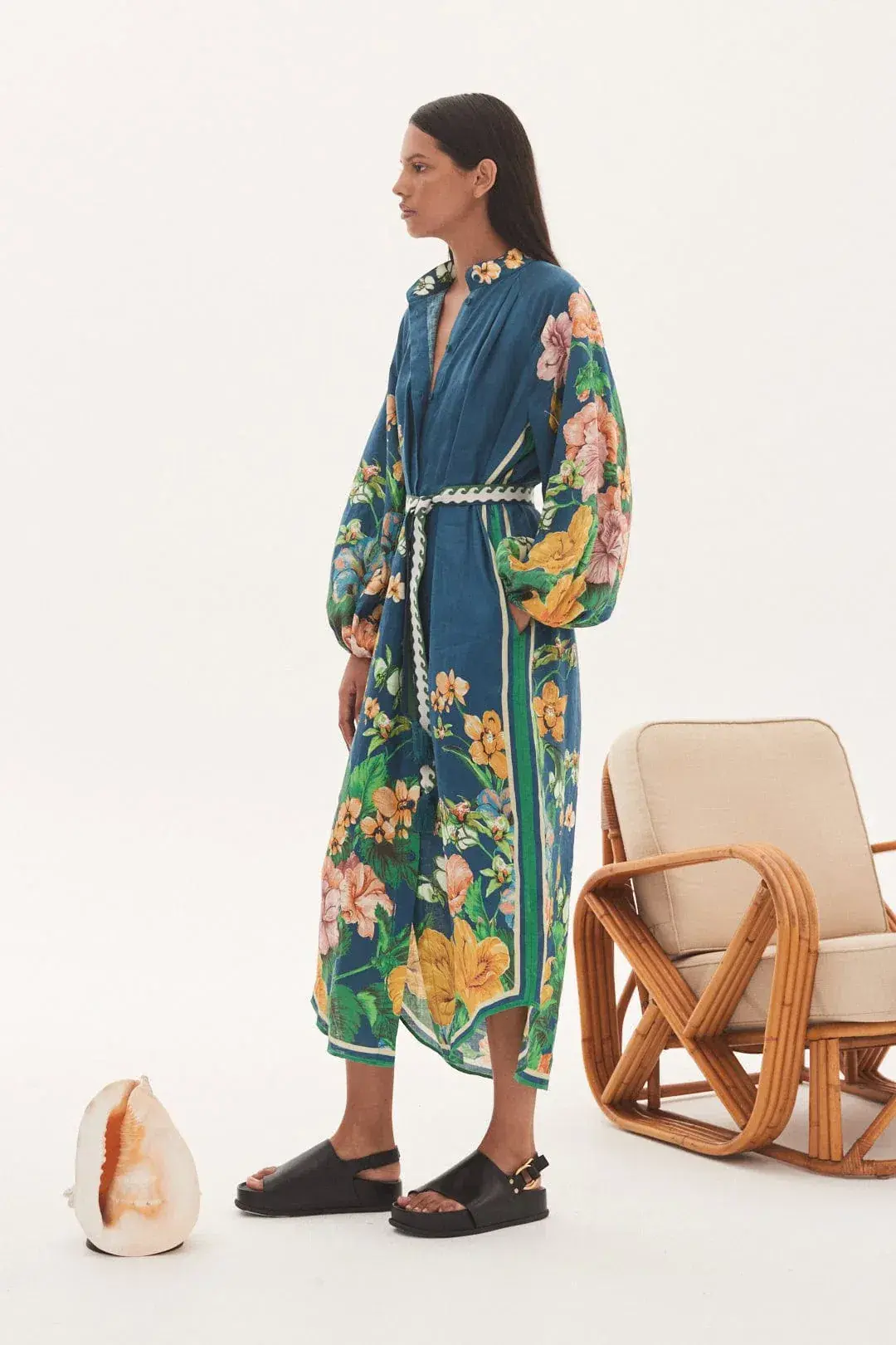Alemais Lyla Midi Shirtdress Blue Linen Long Sleeve Button Down Floral Navy Size AU 10 - Image 2