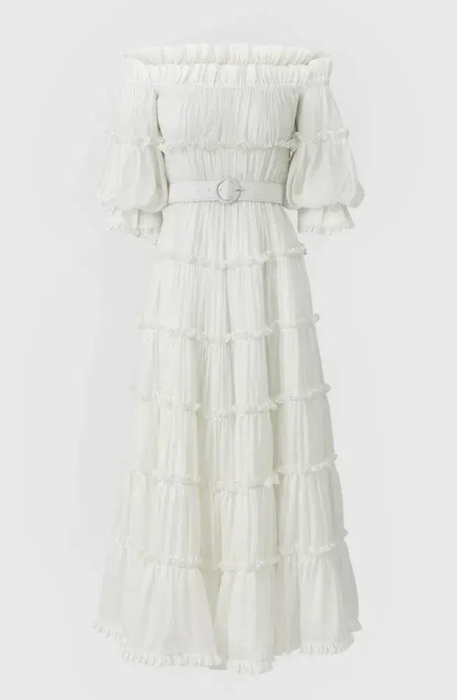 Leo Lin Luminous Silk Linen Dress in White Size AU 12  for rent on The Volte - main image